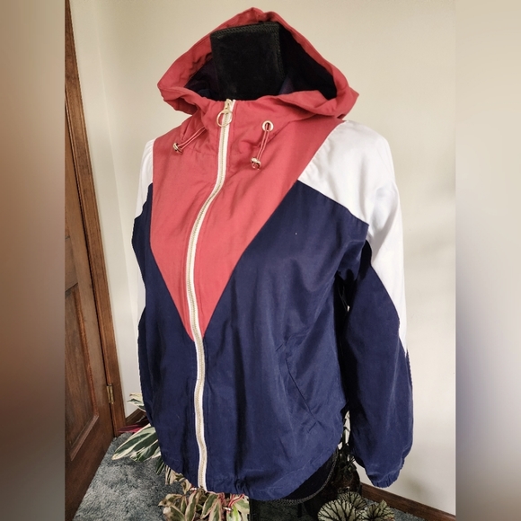 Forever 21 retro zip up windbreaker, navy, coral, small - Picture 2 of 6